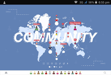 Naklejka premium Banner global community and teamwork. World map on background. Flat vector illustration.
