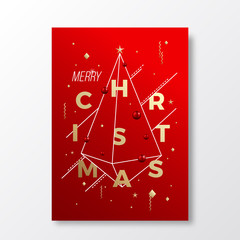 Merry Christmas Abstract Vector Minimalistic Geometry Poster, Card or Background. Red and Gold Colors, Modern Typography, Soft Realistic Shadows.