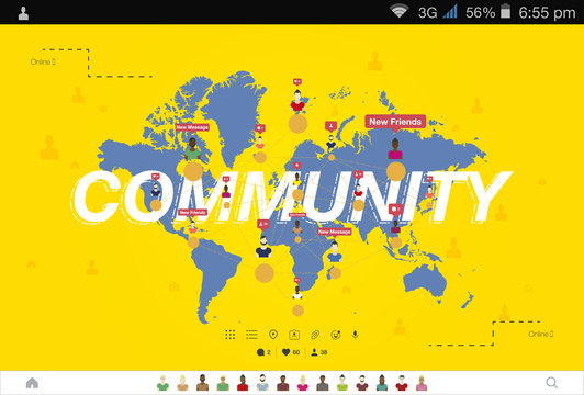 Banner global community and teamwork. World map on background. Flat vector illustration.