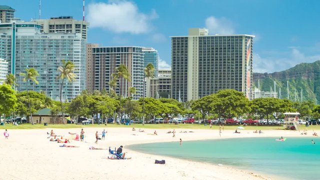 Beach Resort Hotels Resort Apartment Condo Buildings with People Close-up in Tropical Honolulu Hawaii