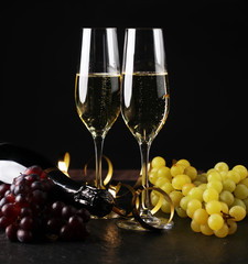 Conceptual Golden Brown Wine on Elegant Glass with Spiral Thin Wrapping Foils or Laces Decoration, on Abstract Brown Background.