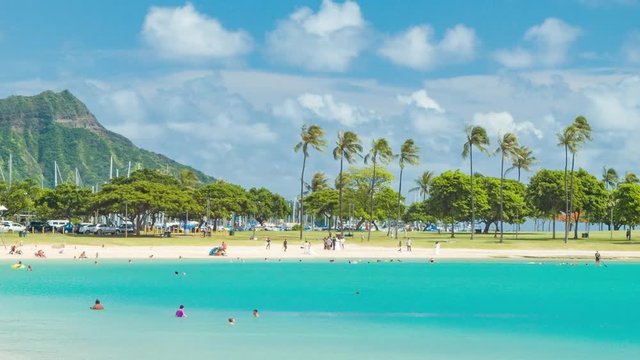 Turquoise Water in Calm Bay of Honolulu Hawaii with Diamond Head Background on Sunshine Weather