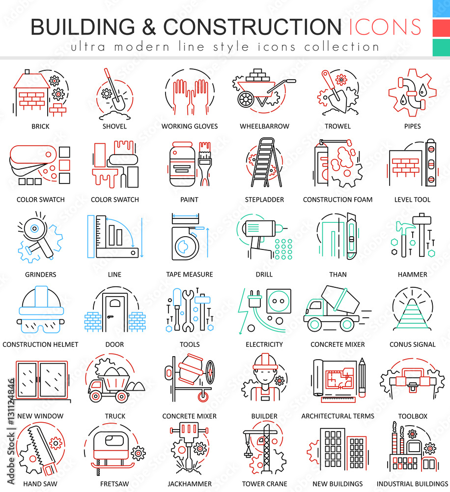 Poster vector building constructions color line outline icons for apps and web design. clothes shoes icons.