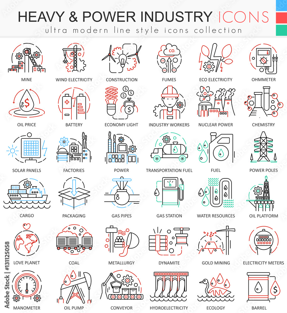 Poster vector heavy and power industry color line outline icons for apps and web design. heavy power indust