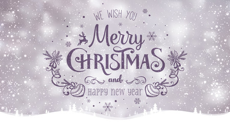 Merry Christmas and New Year typographical on light background with winter landscape with snowflakes, light, stars. Vector Illustration. Xmas card