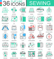 Vector Sewing flat line outline icons for apps and web design. Sewing icon.