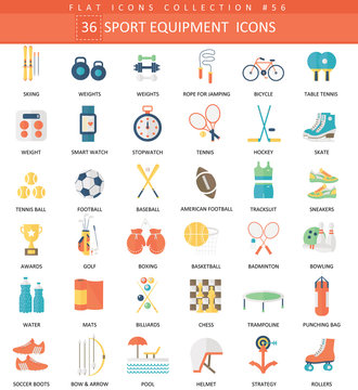 Vector Sport equipment color flat icon set. Elegant style design Sport equipment web icon.