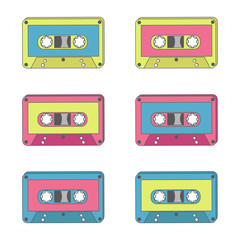 Audio tapes of different colours. Technology 70s. Vector illustration.