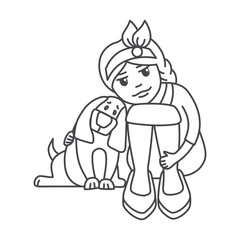 Girl sits with, child hugging a dog,