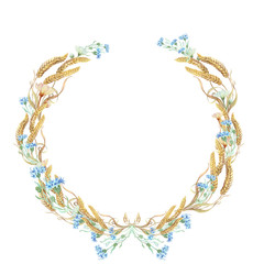 Collage of cornflowers and ears. Watercolor. Use printed materials, signs, items, websites, maps, posters, postcards, packaging. Wreath of ears and wildflowers.