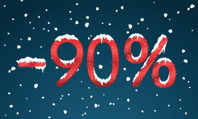 90 percents discount numbers with snow and icicles. Snowing reta