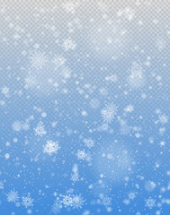 Seamless vector white snowfall effect on blue transparent background. Winter falling snow texture. Delicate white snowflake Christmas backdrop. Web page endless fill