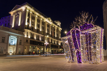 Christmas decorations on Krakowskie Przedmiescie street. Warsaw, Poland - 131128202