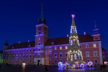 Illuminated Christmas Tree on the Castle Square at the Old Town of Warsaw, Poland