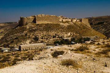 Remains ancient impressive castle on mountain. Shobak crusader fortress. Castle walls. Travel concept. Jordan architecture and attraction