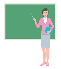 Female teacher with a pointer at blackboard