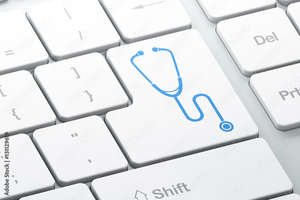Poster healthcare concept: stethoscope on computer keyboard background