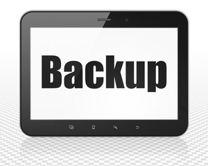 Database concept: Tablet Pc Computer with Backup on display