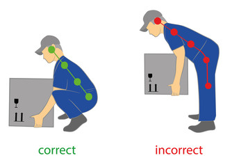 Correct posture to lift a heavy object safely. Illustration of health care. vector illustration