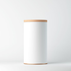 White Tin Can Mockup with wooden cover, lid. Cylindrical packaging, Tea, coffee. 3d rendering
