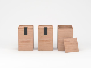 Three wooden box mockup with black sticker on gray background. 3d rendering