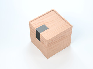 Square wooden box mockup with black sticker on white background. 3d rendering