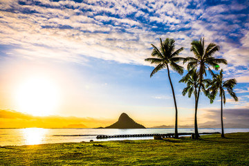 Beautiful sunrise at Chinaman's Hat on Oahu