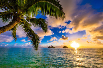 Naklejka premium Piękny hawajski wschód słońca na plaży Lanikai