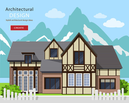 Cute alpine chalet facade. Graphic private house with Mountains background. Flat style vector illustration.