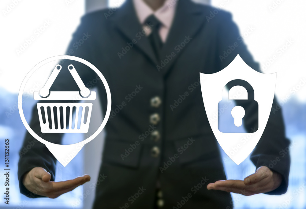 Poster security protection store shopping navigation web computer online business concept. basket shield lo