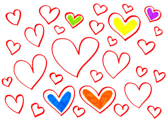 Color bright hearts on white background