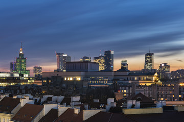 Sundown over Warsaw city downtown