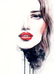 Gordijnen Abstract woman face. Fashion illustration. Watercolor painting © Anna Ismagilova
