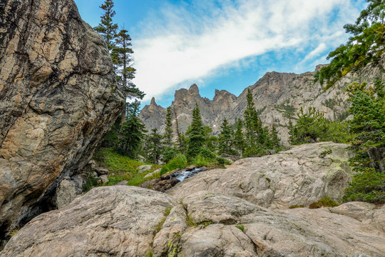 granite boulders and spruce trees on the mountain slopes near Emerald lake trail
Rocky Mountain National Park, Estes Park, Colorado, United States