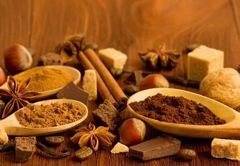 Coffee , chocolate, vanilla pods, cinnamon sticks, anise stars a
