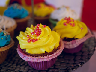 yellow cupcakes frosted with many coorful cupcakes