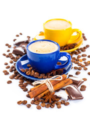 Coffee cup and beans on a white background.