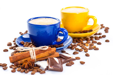 Coffee cup and beans on a white background.