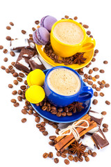 Coffee cup and beans on a white background.