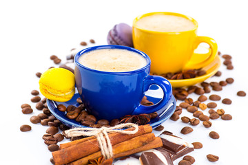 Coffee cup and beans on a white background.