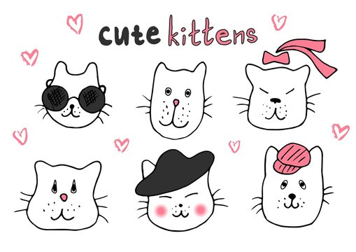 Cute cat doodle series, cat avatars, Cats sketch line style icons. Pets character cats handmade to print cat T-shirts. Vector illustration cats.