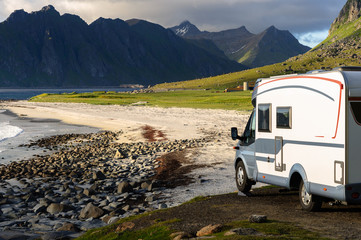 Caravan car on Norway beach, Lofoten