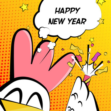 Happy New Year Card With Rooster, Firecracker And Text Cloud. Comics Style