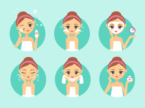 Girl Cleaning And Care Her Face. How To Clean Face Illustration