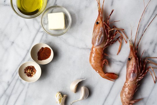 Raw Prawns And Cooking Ingredients 