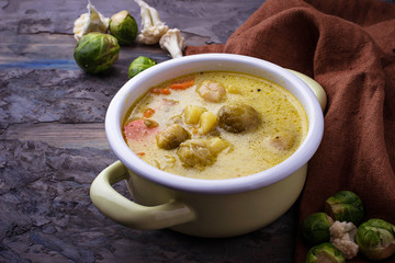 Vegetable soup with carrot, cauliflower, potato, Brussels sprout