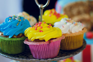 yellow cupcakes frosted with many coorful cupcakes