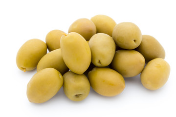 Green big olives on the white background.