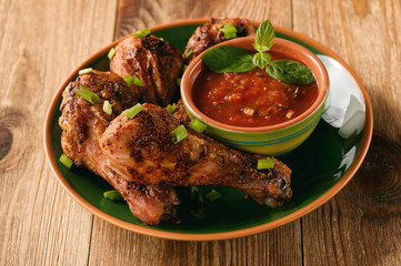 Roasted chicken legs and tomato sauce on wooden background.