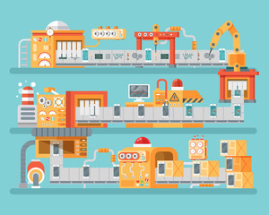 vertical illustration of conveyor for assembly and packaging, production  personal smart phones in flat style